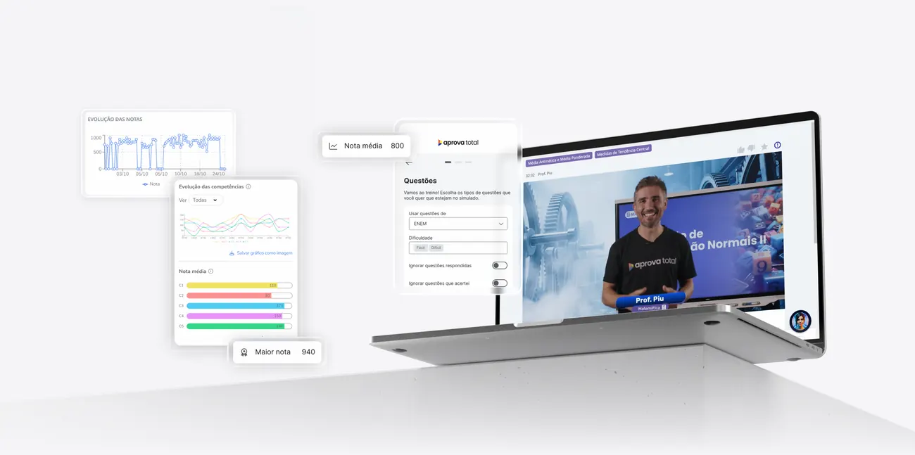 Plataforma do Aprova Total: aula de Matemática, dashboards de evolução e simulados